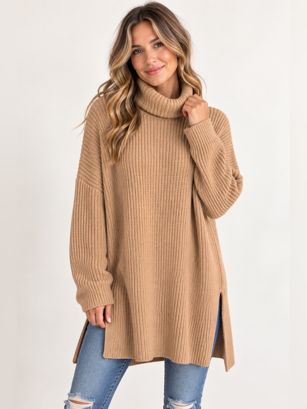 Wayf Camel Ribbed Cowl Neck Sweater Tunic